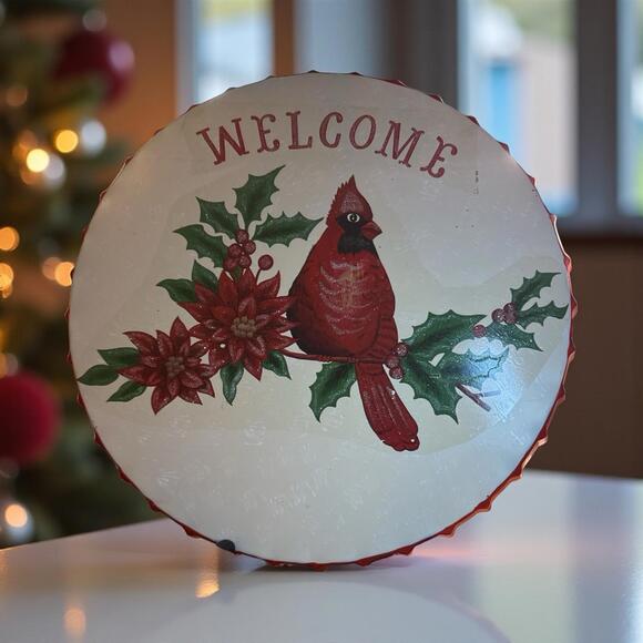 Other - Large Metal Bottle Cap Sign "Welcome" Red Cardinal 13" Diameter